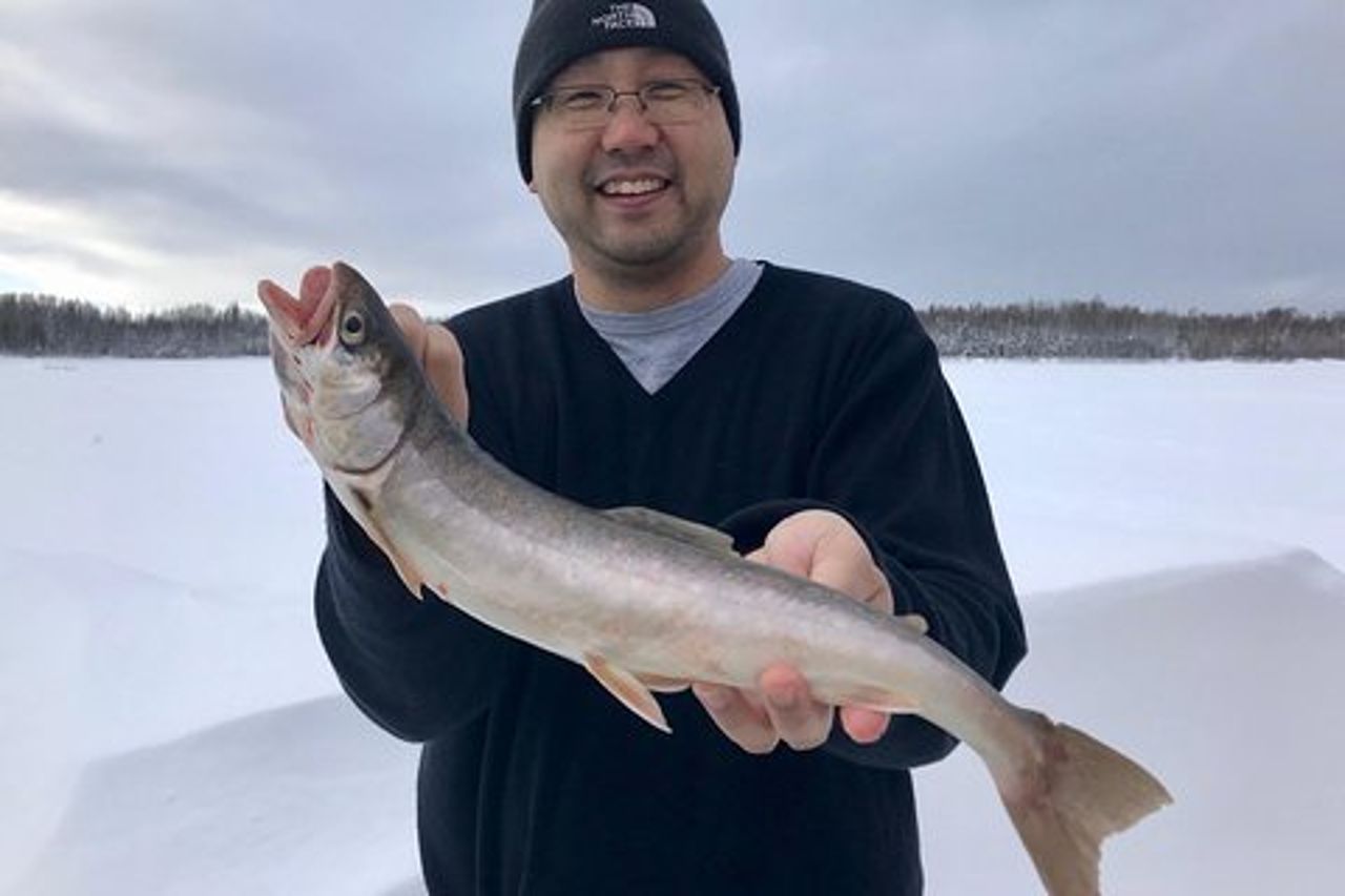 Spedizione di pesca sul ghiaccio a Fairbanks in una cabina riscaldata con grigliata di pesce