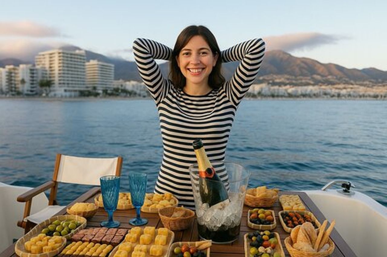 Attività in barca Fuengirola con cena cocktail Champagne e tramonto