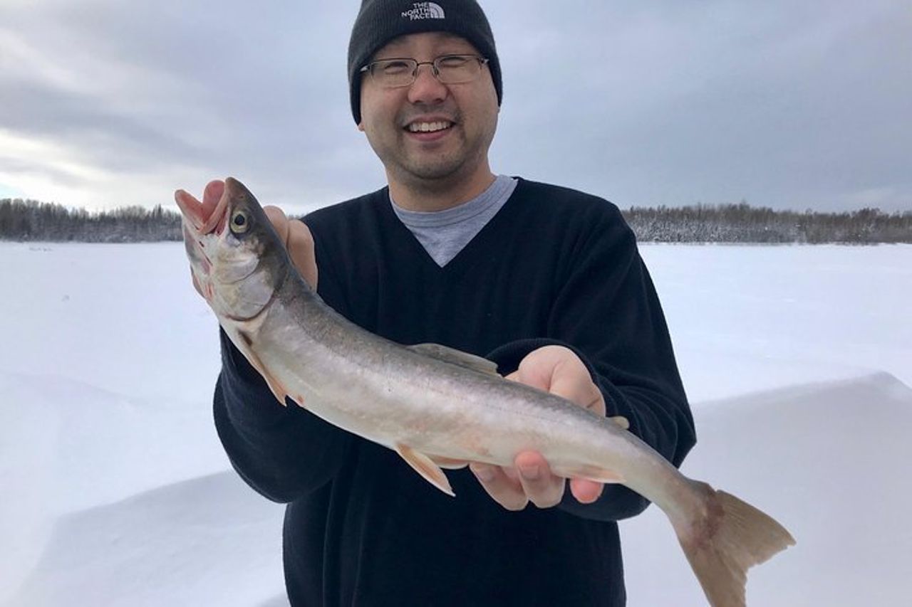 Spedizione di pesca sul ghiaccio a Fairbanks in una cabina riscaldata con grigliata di pesce